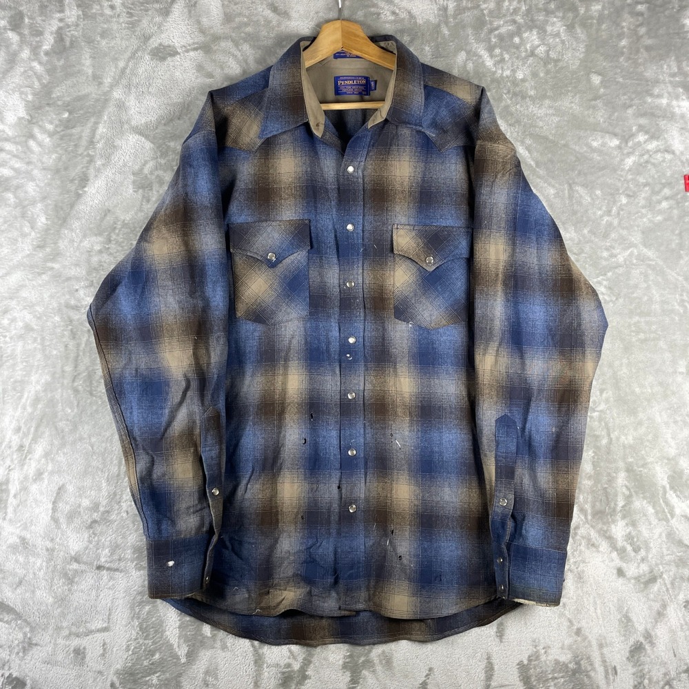 Vintage Pendleton Western Shirt Mens XL Long Shadow Plaid Pearl Snap Wool *read